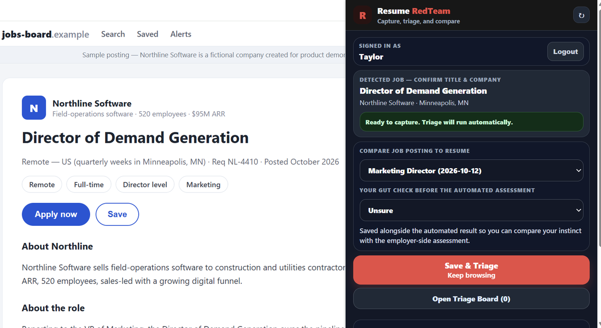 The Resume RedTeam browser extension open on a fictional job posting: the detected title and company confirmed, a gut-check dropdown, and a Save & Triage button